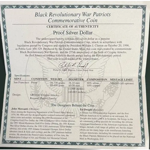 1998-S Black Revolutionary War Patriots - Proof Silver Dollar - Box & COA [DUPLICATE for #304340] (5)