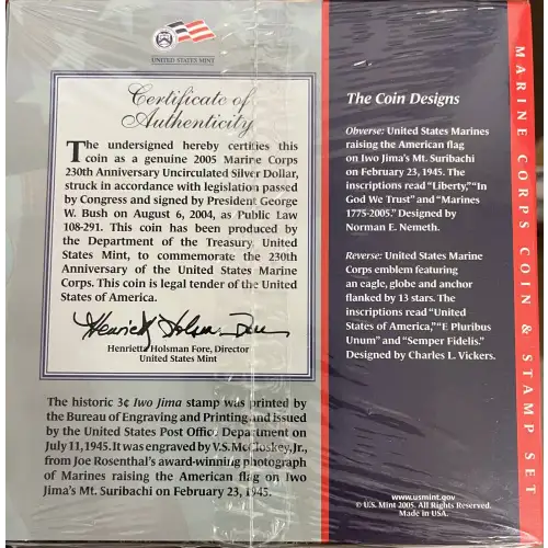 2005 Marine Corps 230th Anniversary -Silver Set -Marine Corps Uncirculated Silver Dollar & Stamp -Box & COA (2)