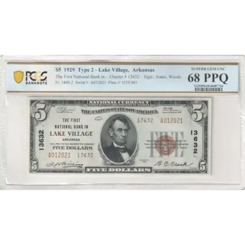 $5 1929 small brown seal. Small National Bank Notes 1800-2 (2)