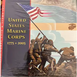 2005 Marine Corps 230th Anniversary -Silver Set -Marine Corps Uncirculated Silver Dollar & Stamp -Box & COA